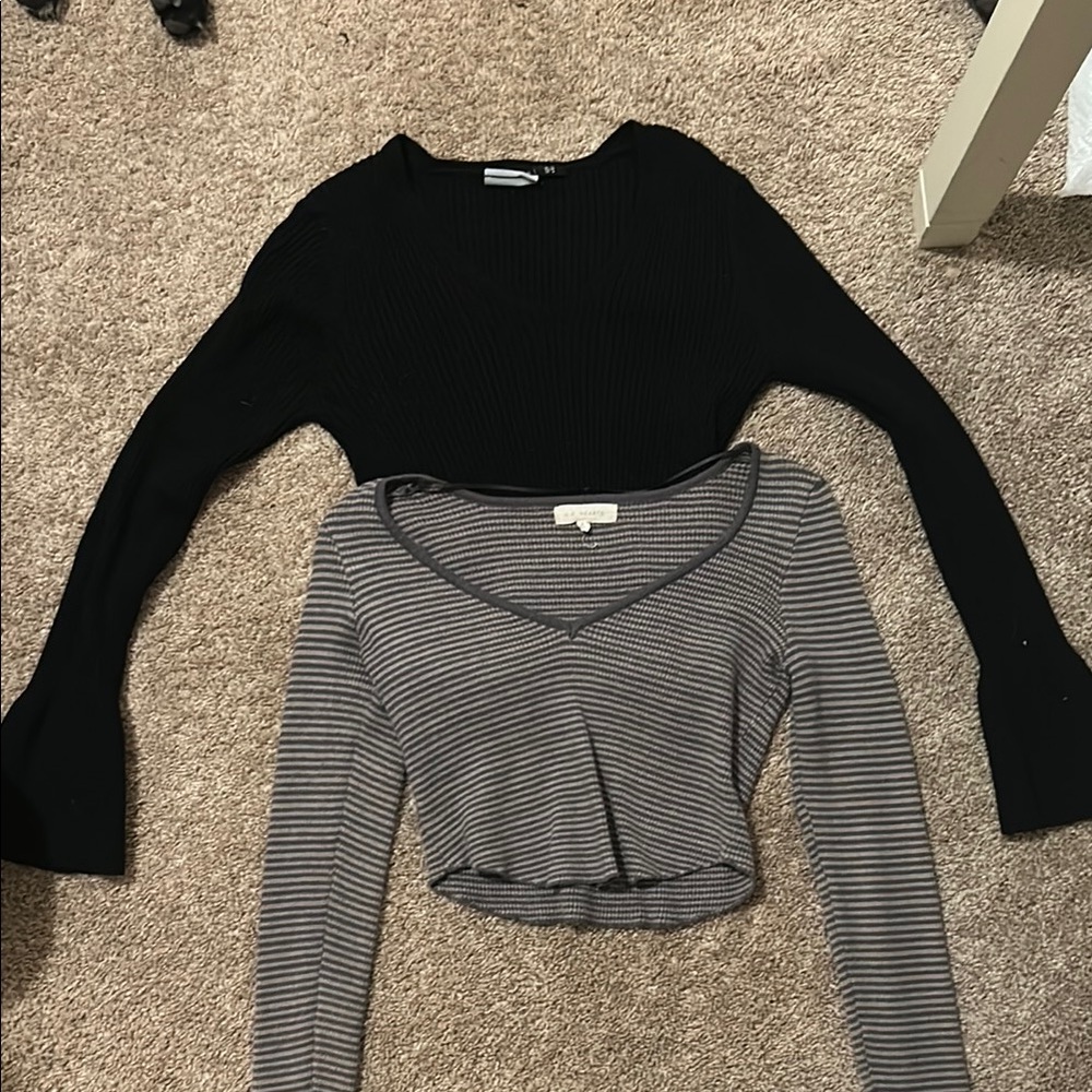 Black and Gray Striped Long Sleeve Tops
